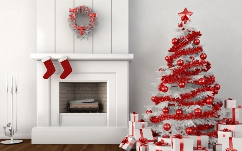 Fond écran arbre de Noël Christmas HD wallpaper rouge et blanc design