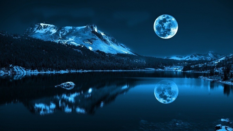 fond écran HD nuit sur lac lune et montagne froid paysage nature wallpaper photo image 