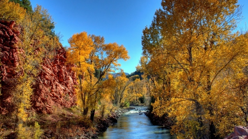fond d'écran paysage automne arbres et rivières sous ciel bleu télécharger gratuit PC bureau Windows smartphone Mac tablette