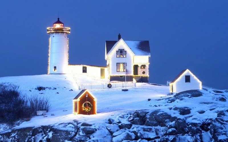 fond écran nature phare hiver neige blanc maison décoration Noël photo HD