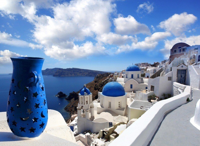 fond écran HD nature paysage île de Santorin Grèce maisons couleur blanc et bleu wallpaper desktop photo