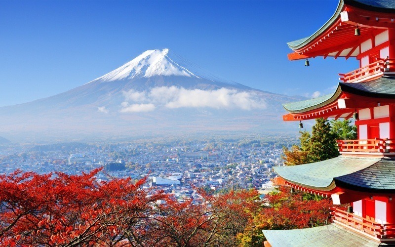 fond écran HD nature paysage Japon mont Fuji Yama Japan printemps ciel bleu cime enneigée temple picture image wallpaper desktop