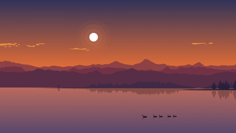fond d'ecran hd artistique coucher de soleil sur montagne et lac canards image picture wallpaper bureau pc desktop
