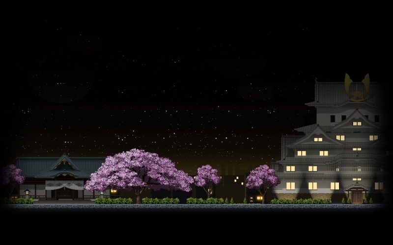 image pixel art architecture asiatique nuit étoilé cerisier en fleur