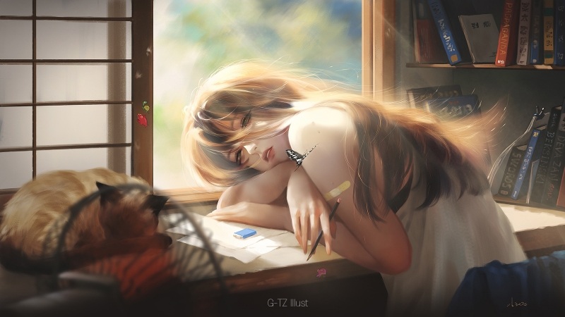 Fond d'ecran dessin japonais art Taejune Kim manga jeune fille bureau regarde papillon avec chat endormis picture image art