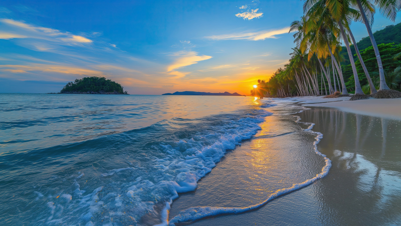 Wallpaper Plage de rêve Thaïlande. Coucher de Soleil et Palmiers Téléchargez ce magnifique wallpaper d'une plage tropicale en Thaïlande avec des palmiers et un coucher de soleil. Parfait pour les écrans haute résolution et les amoureux de paysages paradisiaques.
