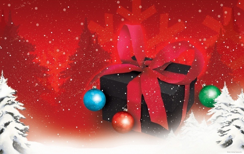 Fond d'écran HD Noël cadeau avec boule et sapin blanc sur fond rouge