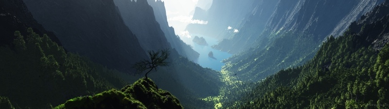 Vue panoramique montagne vallée lac forêt