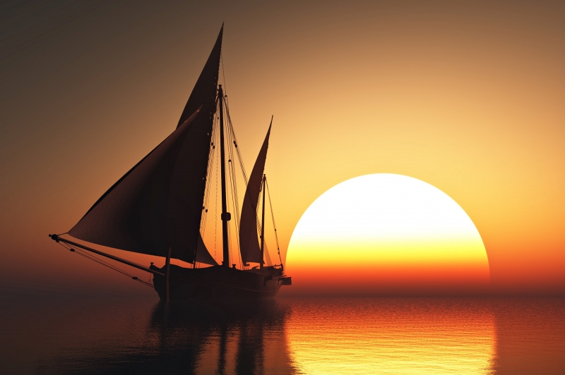 Fond écran HD 4K bateau voilier sur coucher de soleil sur mer image photo wallpaper