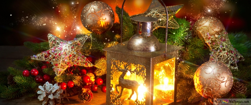 Fond d'écran HD 4K Noël Christmas bougie lanterne et ornements fête wallpaper arrière plan PC Mac