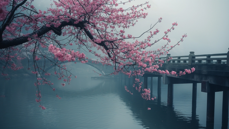 paysage japonais printemps cerisier rose rivière