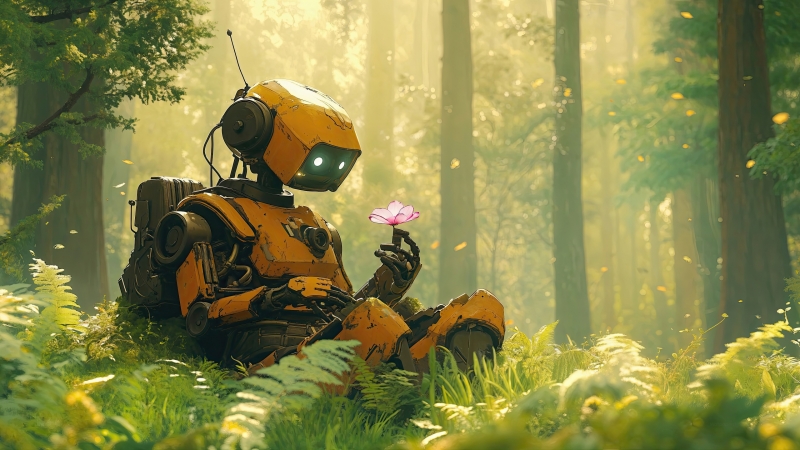 Robot dans nature avec fleur